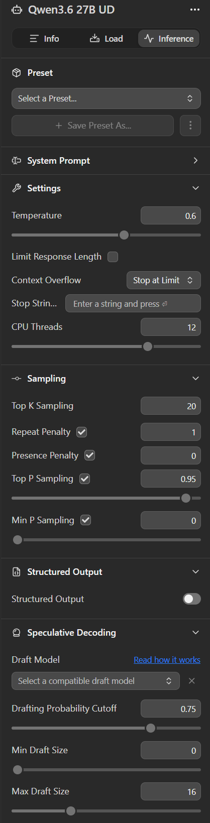 LM Studio inference settings for the Qwen 3.6 models