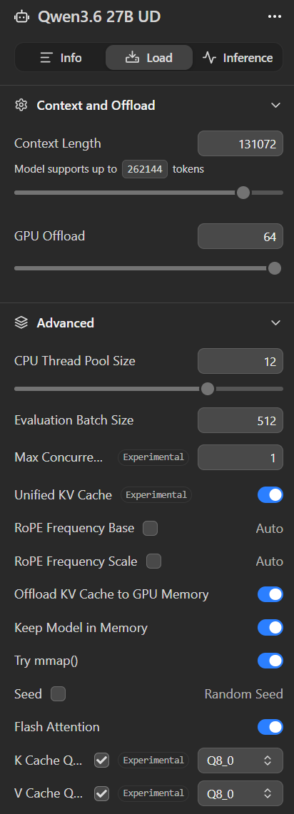LM Studio load tab settings for the Qwen 3.6 27B model